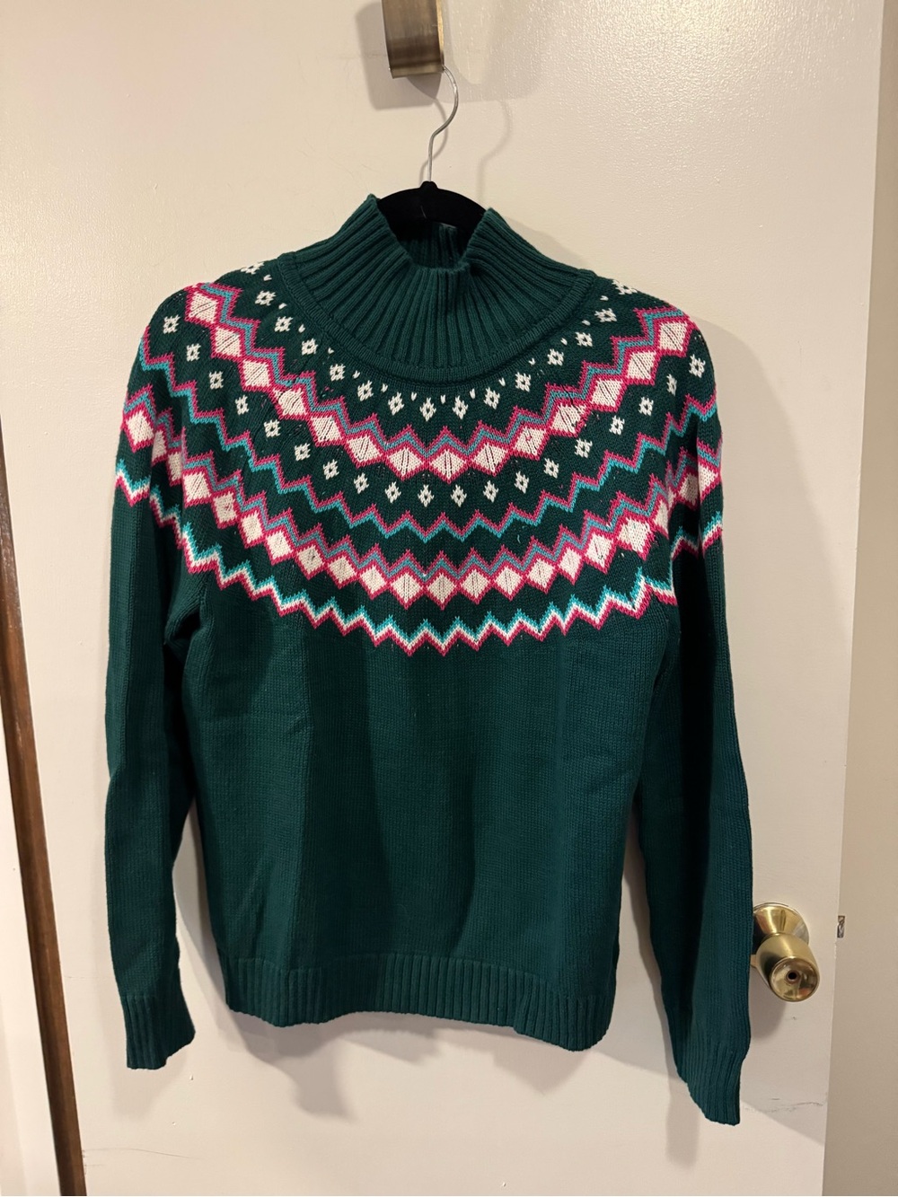 J. Crew Dark Green Fair Isle Turtleneck Sweater with Pink and White Accents